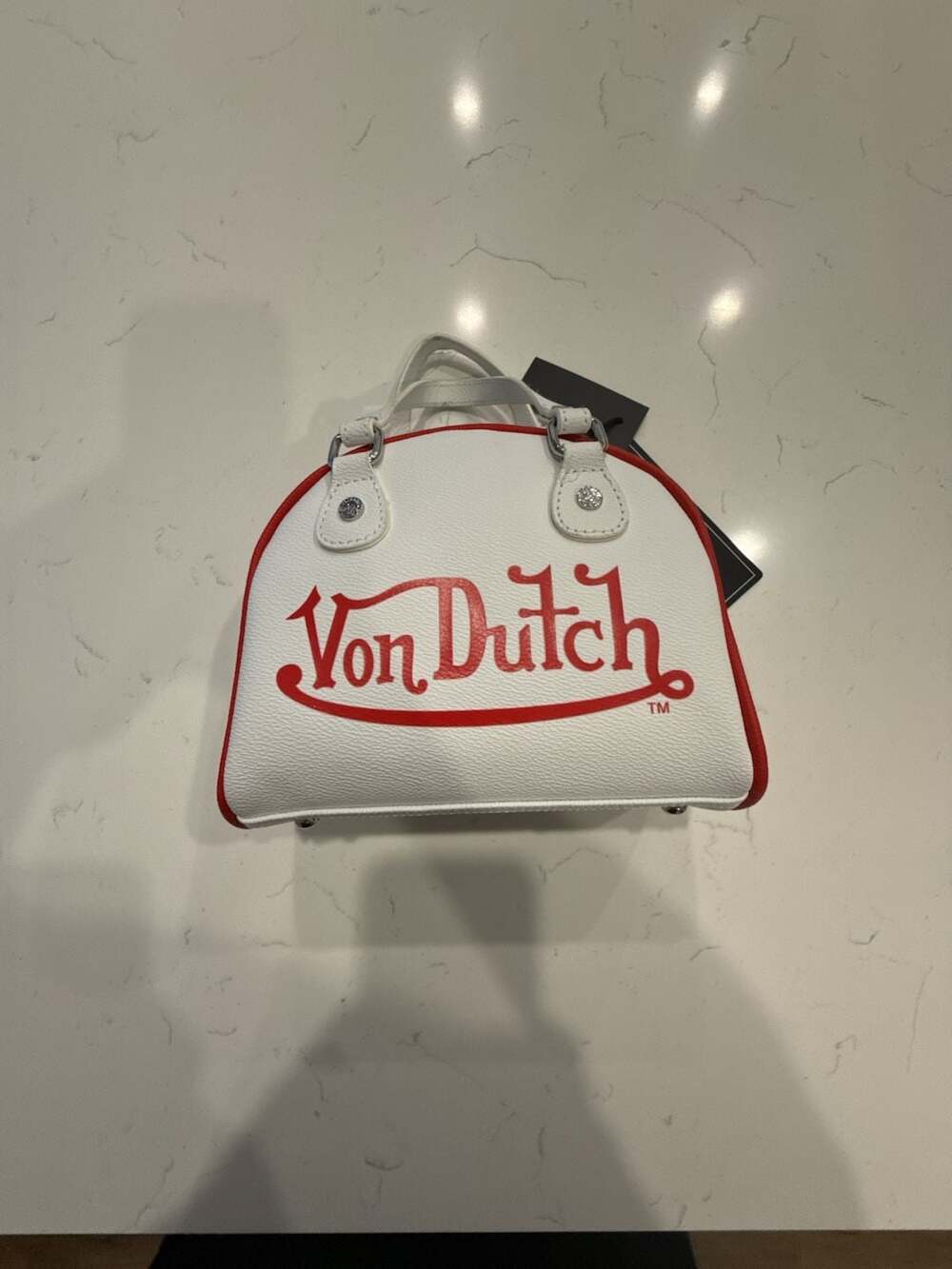 Von Dutch Red and White Two-Tone Bowling Bag Purse